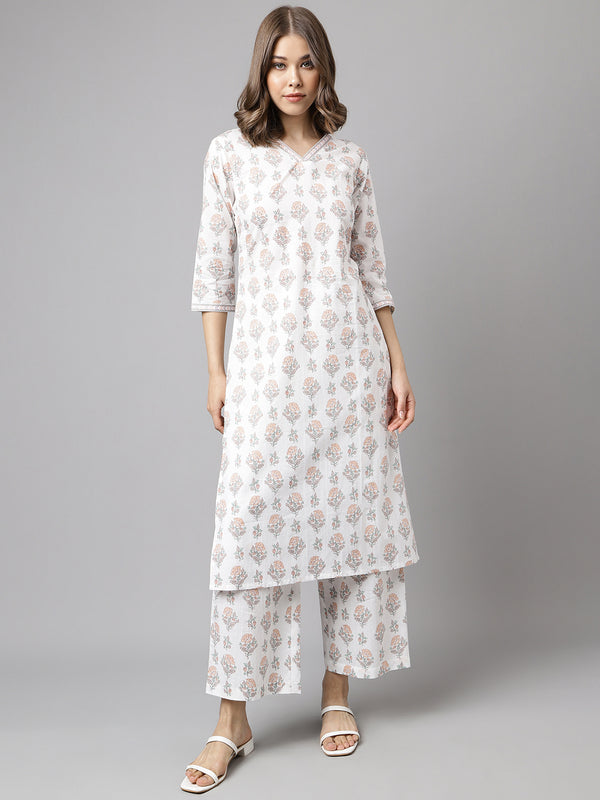 White Cotton A-Line Printed Work Kurta Sets