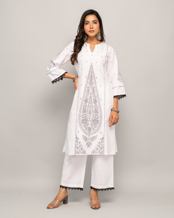 White Cotton Straight Embrodery Work Kurta Sets