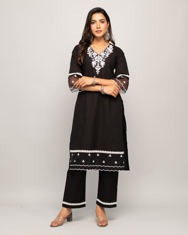 Black Cotton Straight Embrodery Work Kurta Sets