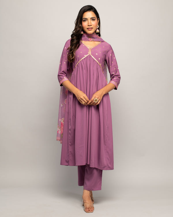 Lavender Creap A-Line Printed Work Kurta Sets