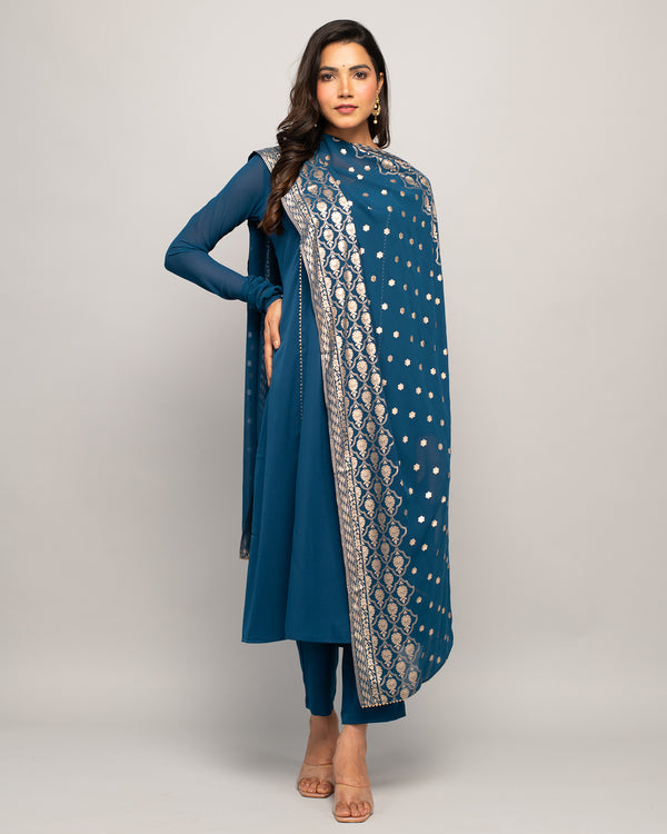 Teal Blue Creap A-Line Printed Work Kurta Sets