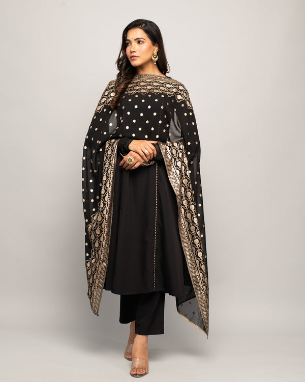 Black Creap A-Line Printed Work Kurta Sets