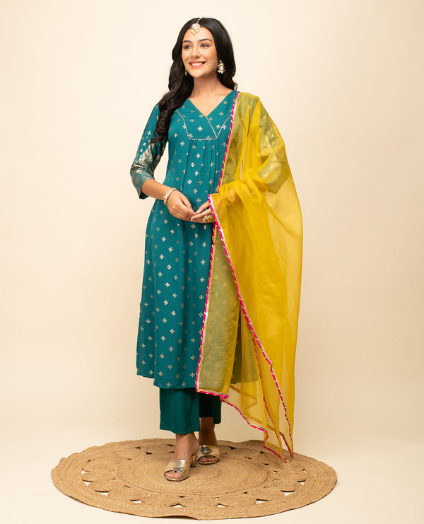 Teal-Blue Crepe A-Line Foil Print Work Kurta Sets