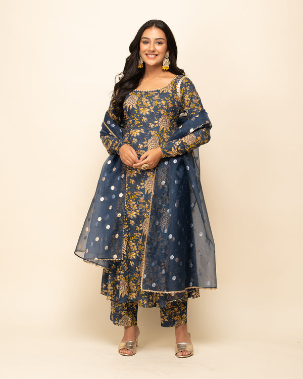 Navy Blue Cotton A-Line Floral Work Kurta Sets