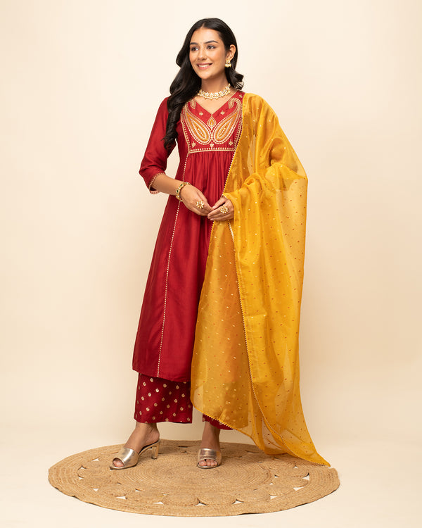 Red Silk Blend A-Line sequince  Work Kurta Sets