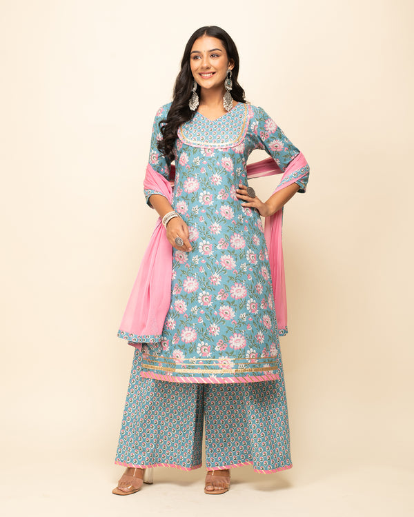 Sky Blue Cotton Straight Floral Work Kurta Sets