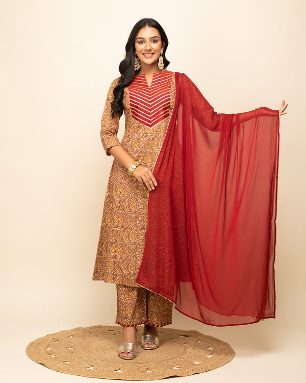 Brown Cotton A-Line Floral Work Kurta Sets