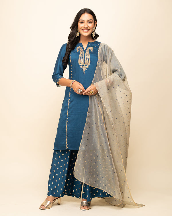 Teal Blue Silk Blend Straight Zari Thread Work Kurta Sets