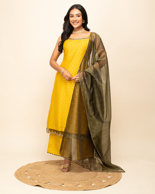 Yellow Silk Blend Straight Polka dots Work Kurta Sets