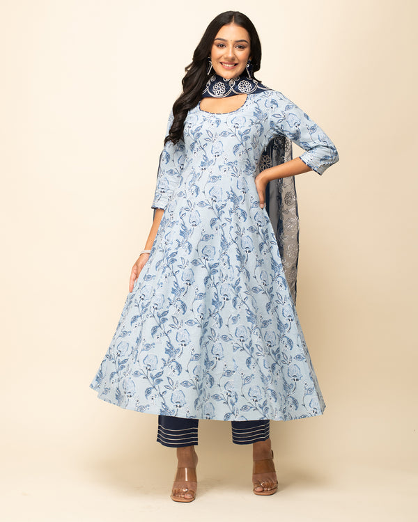 Light Blue Cotton A-Line Leaf Print Work Kurta Sets