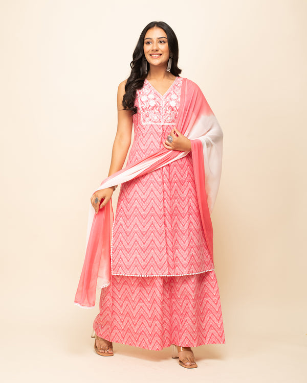 Peach Cotton Straight Lehriya Printed Work Kurta Sets