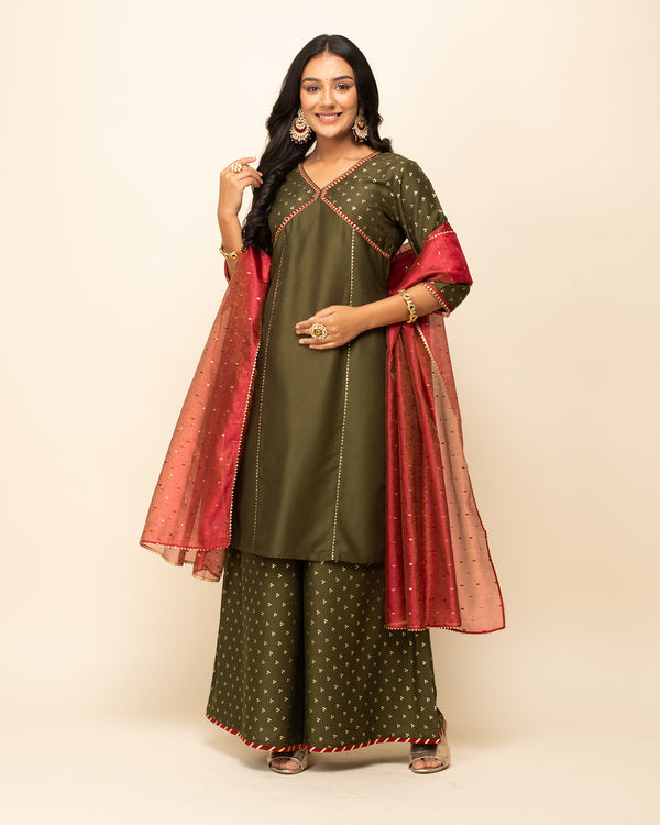 Green Silk Blend Straight Polka dots Work Kurta Sets