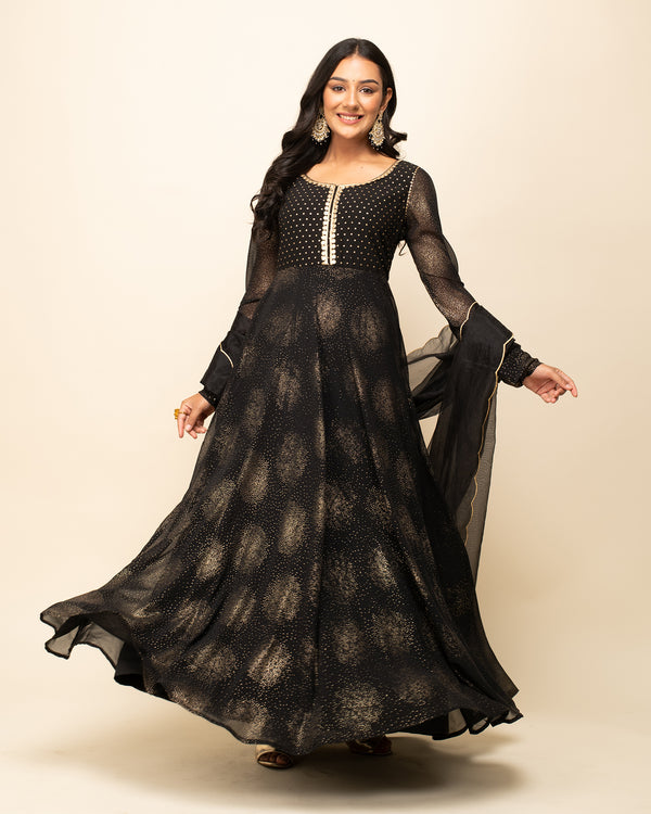 Black Georgette Flared Lace Work Kurta Sets