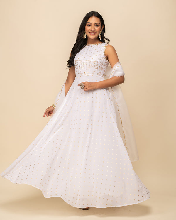 White Georgette Anarkali Printed Work Kurta Sets