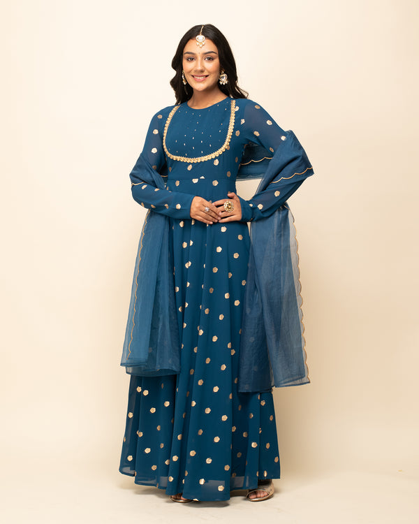 Teal blue Georgette Anarkali Printed Work Kurta Sets