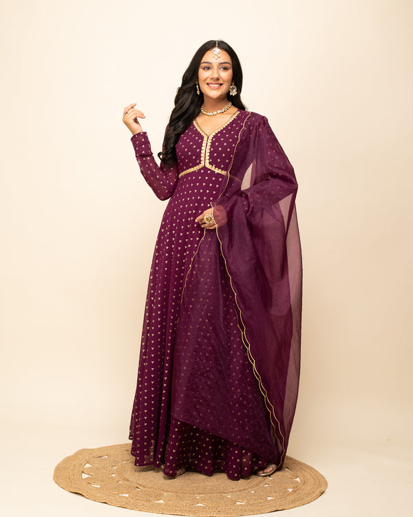 Wine Georgette Anarkali Printed Work Kurta Sets