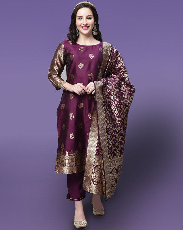 Women's Purple Silk Blend Woven Kurta Pant Set With Dupatta - Malishka Export