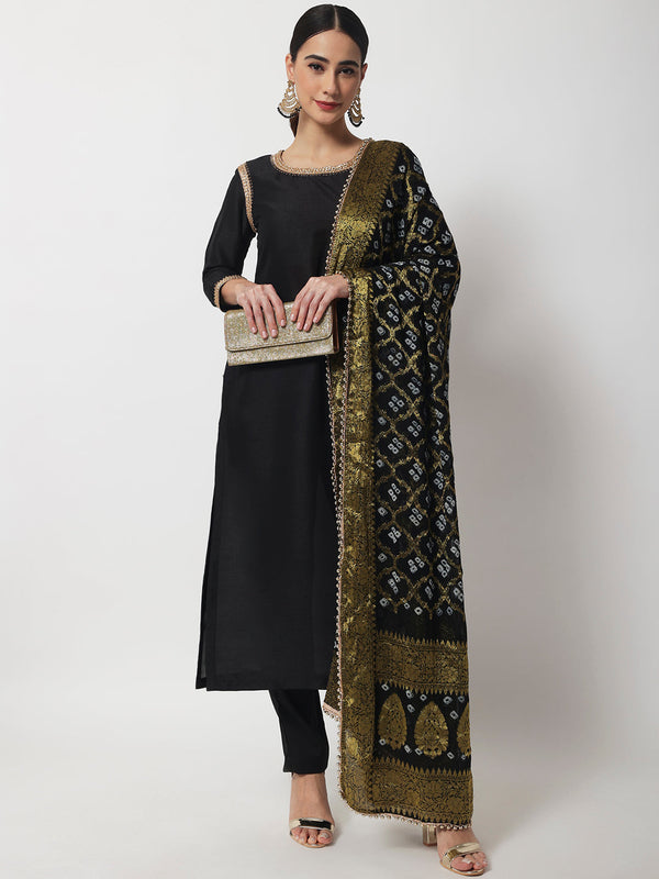 Women's Stunning Black Kurti With Straight Pants And Banarasi Bhandej Dupatta - Anokherang