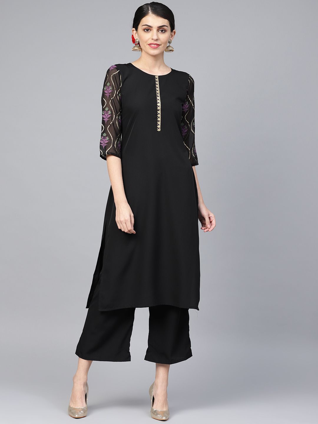 Women's Black Color Foil Print Straight Crepe Kurta Palazzo Set - Ziyaa