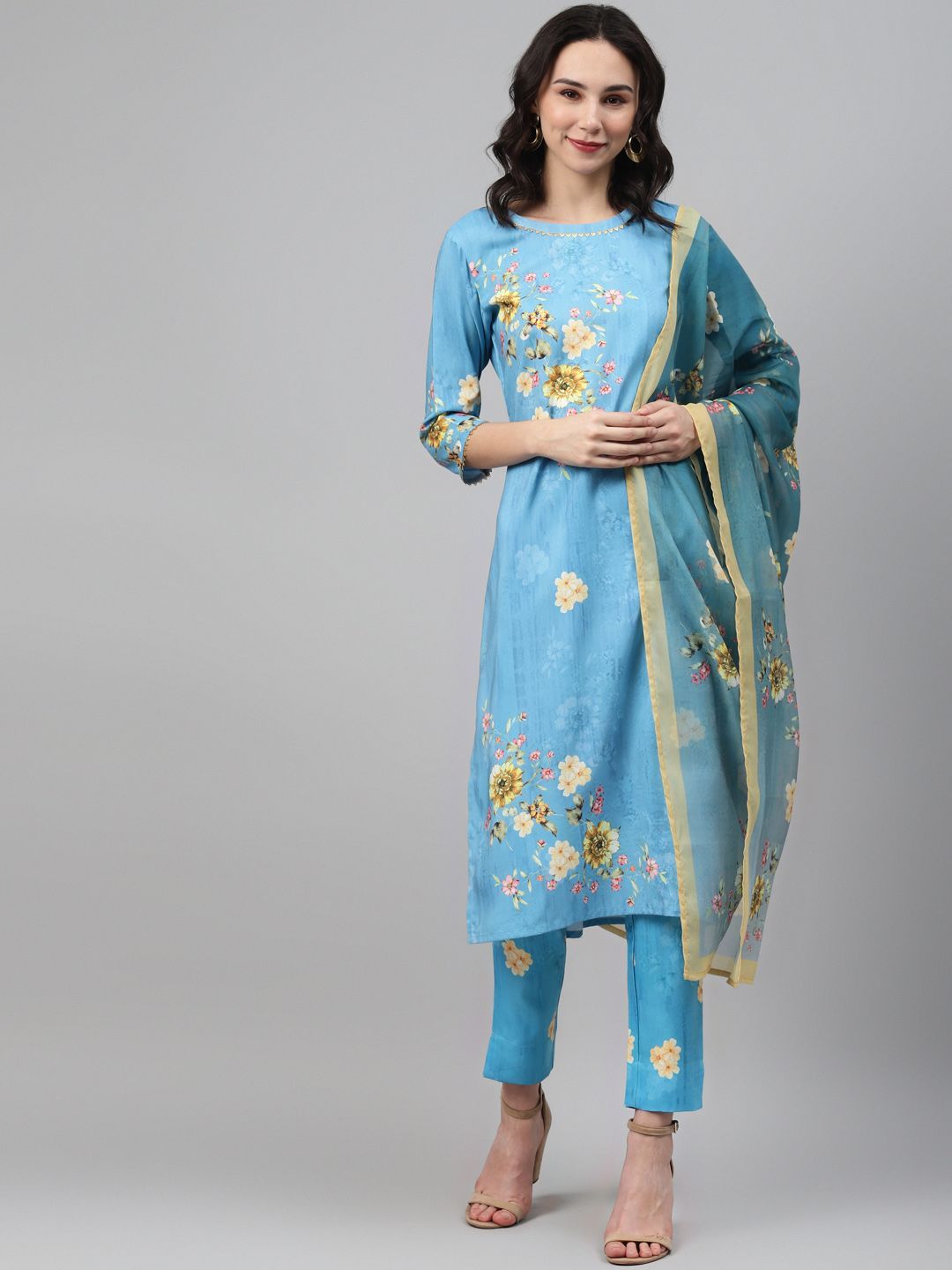 Women's Blue Color Screen Print Straight Kurta,Pant And Dupatta Set - Ziyaa