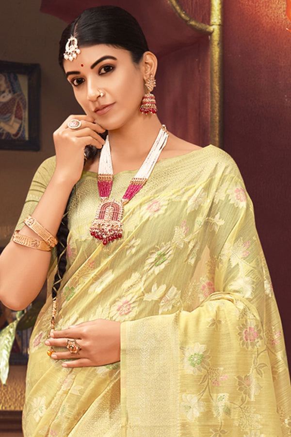 Women's Yellow Silk Woven Zari Work Traditional Tassle Saree - Sangam Prints