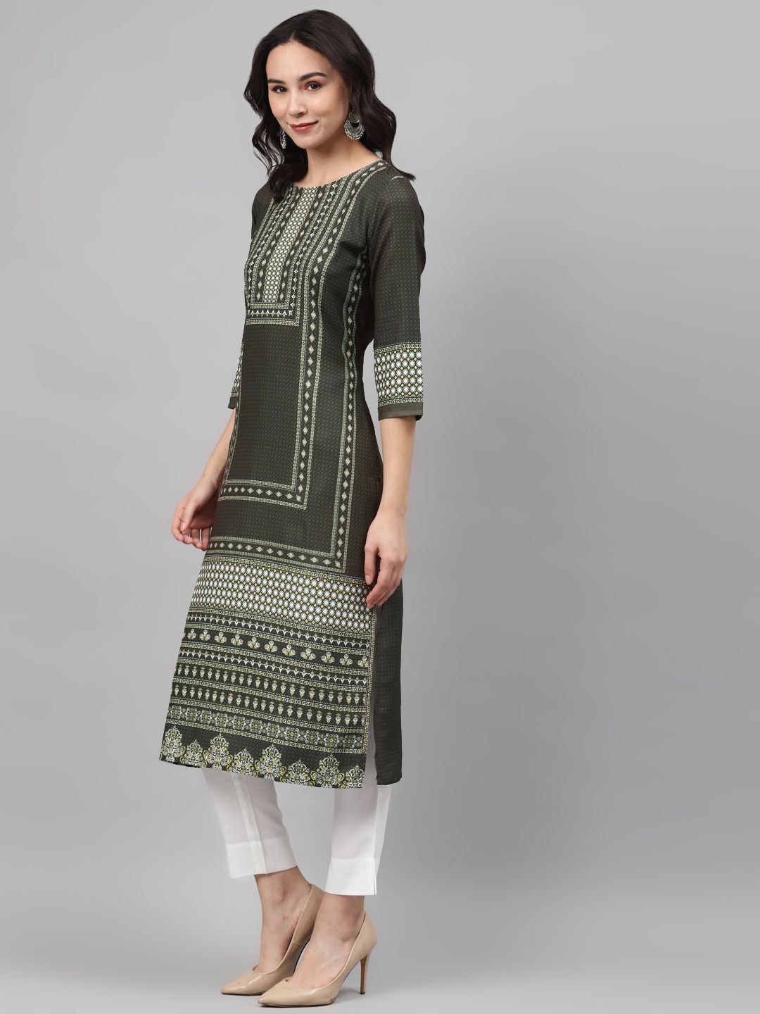 Women's Olive Color Screen Print Straight Kurta And Pant Set - Ziyaa