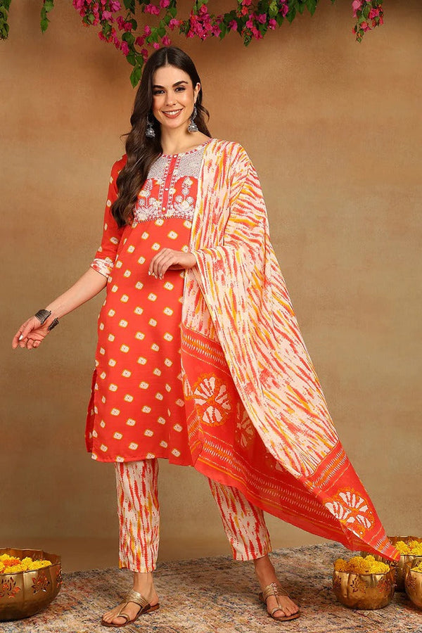 Classic Orange Rayon Blend Bandhani Embroidered Straight Trouser Set