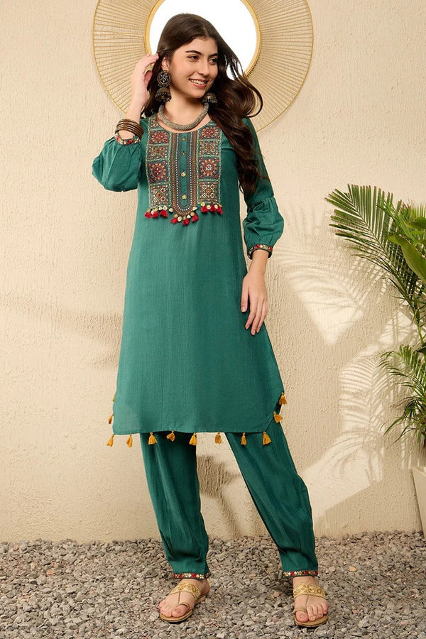 Teal Green Embroidered Viscose Rayon Salwar Bottom Kurta Set for Festive Occasions