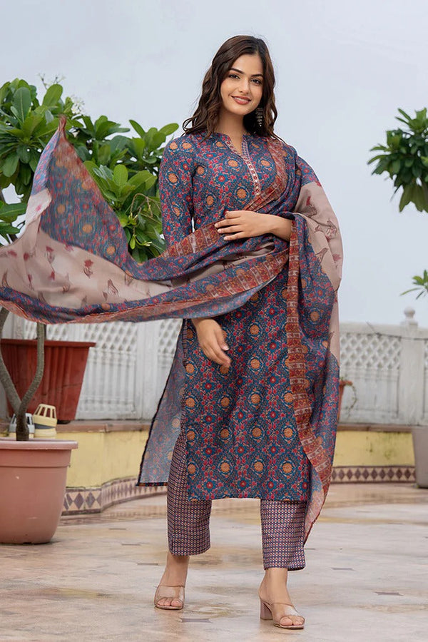 Fresh Blue Rayon Blend Floral Printed Straight Trouser Suit Set for Casual Wear