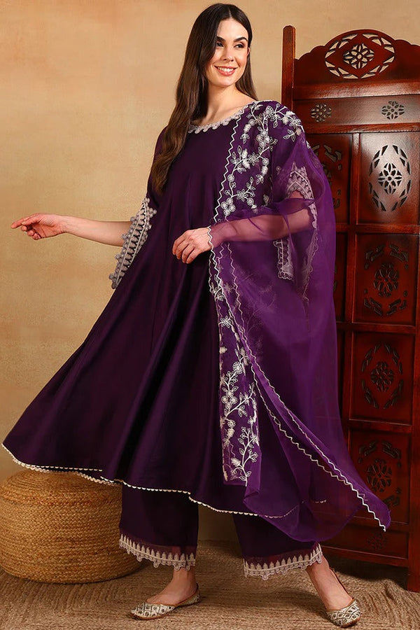 Stylish Purple Silk Blend Solid Embroidered Flared Suit Set for Special Occasions