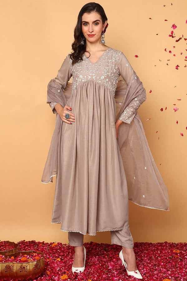 Timeless Nude Silk Blend Embroidered Flared Suit Set with Organza Dupatta