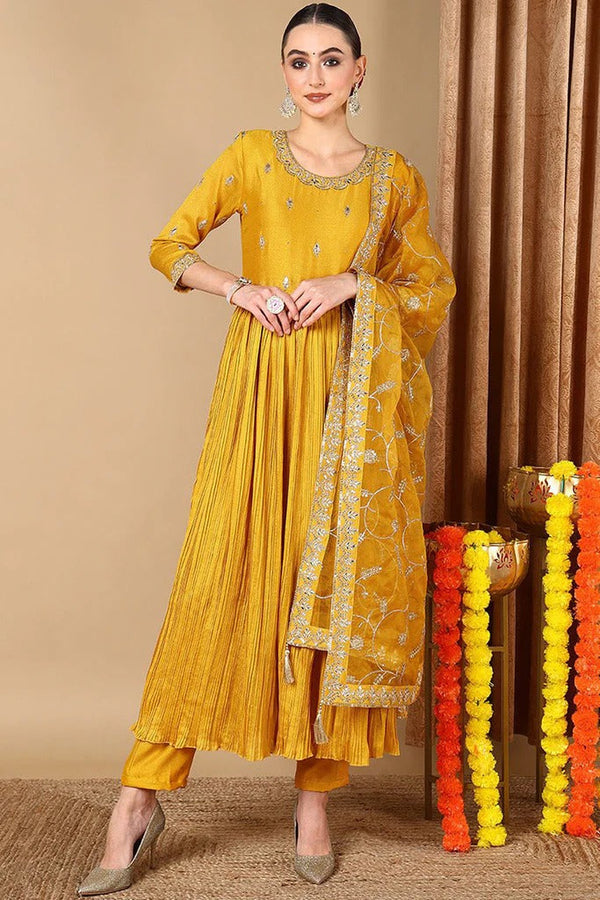 Graceful Yellow Silk Blend Anarkali Style Suit Set with Organza Dupatta