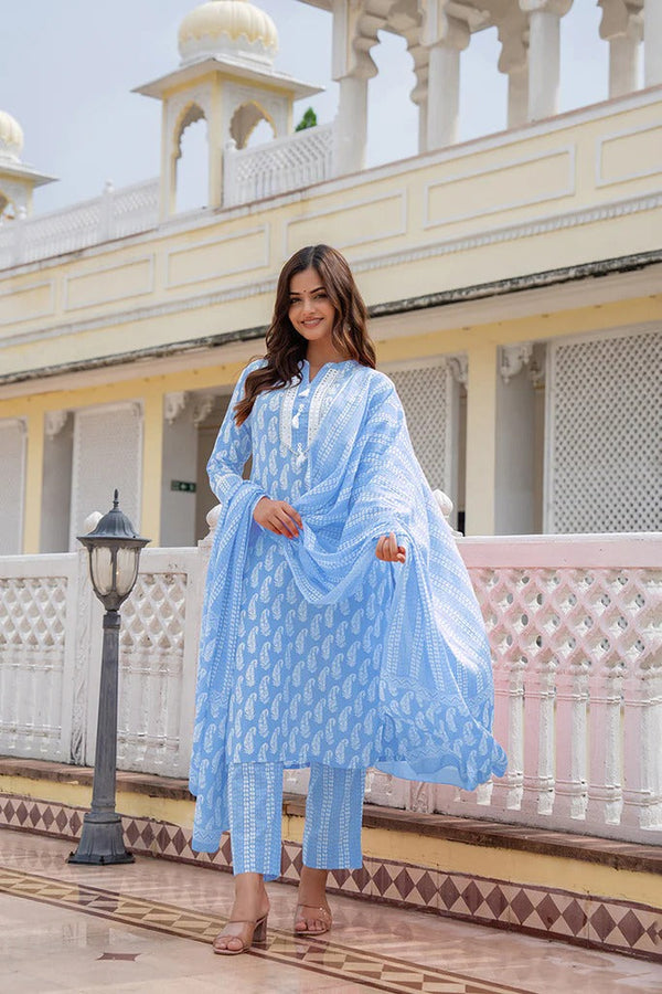 Trendy Blue Rayon Blend Paisley Printed Straight Suit Set