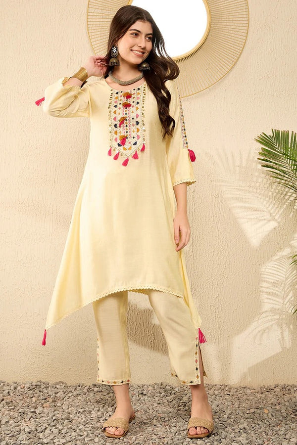 Off White Viscose Rayon Embroidered Straight Kurta Set for Casual Wear