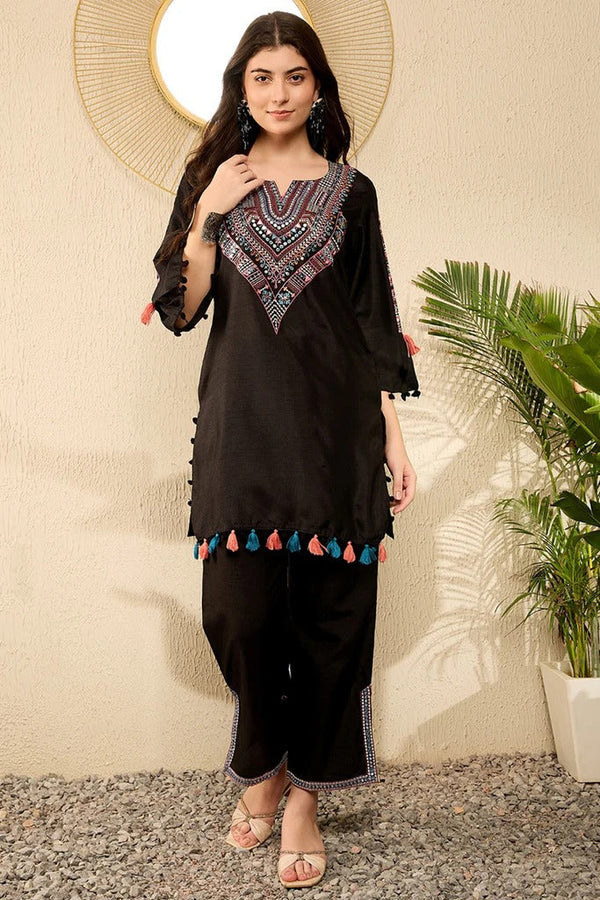 Classic Black Embroidered Viscose Rayon Straight Trouser Bottom Kurta Set