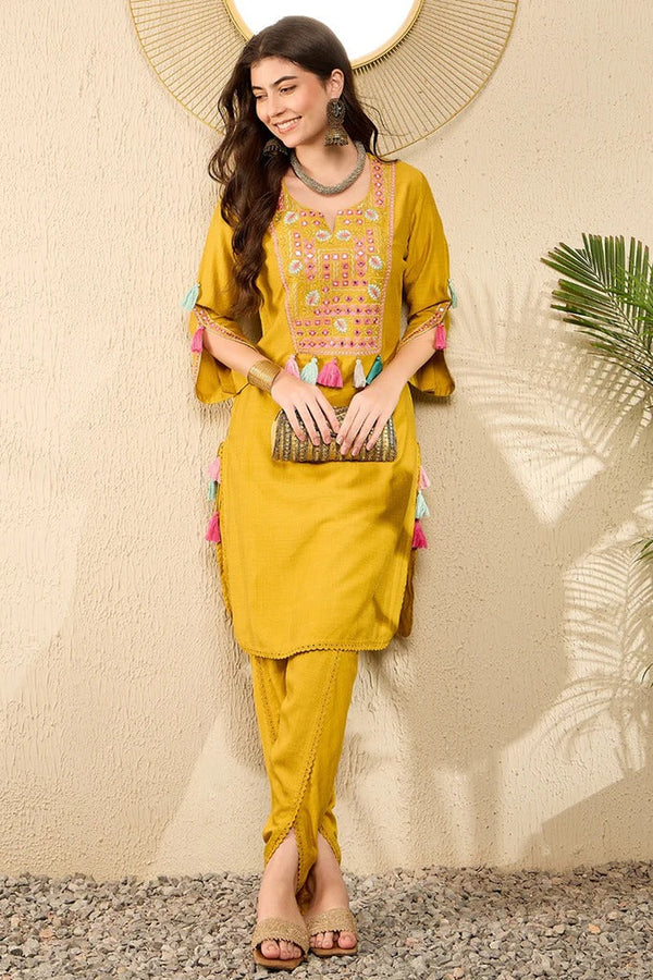 Mustard Yellow Embroidered Viscose Rayon Dhoti Pant Set with Straight Kurta