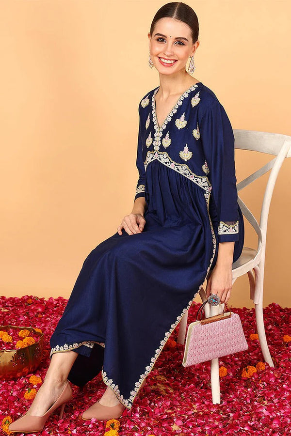 Sleek Navy Blue Silk Blend Solid Embroidered Flared Kurta Set