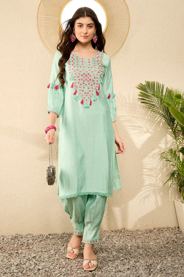 Elegant Sea Green Viscose Rayon Solid Kurta with Embroidery and Salwar