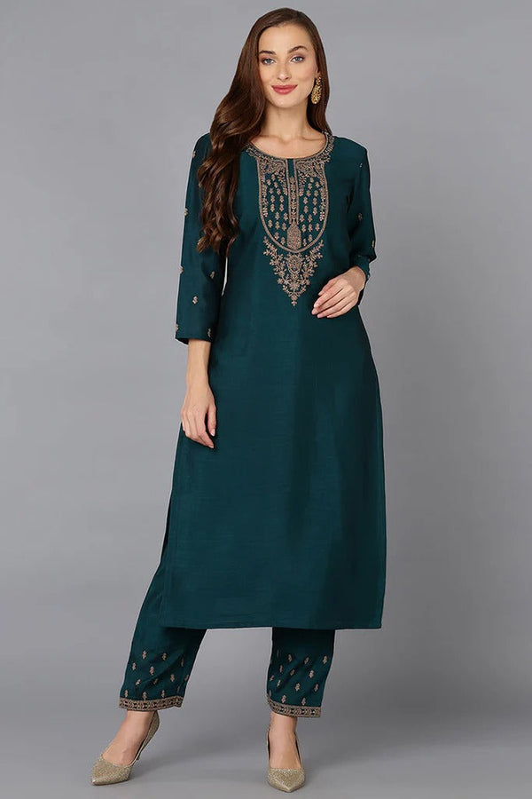 Trendy Silk Blend Bottle Green Embroidered Kurta Set With Pant