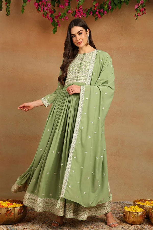 Charming Green Georgette Thread Work Embroidered Flared Kurta Set