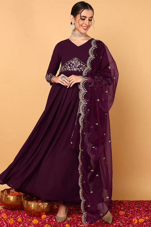 Festive Purple Georgette Embroidered Zari Work Flared Kurta Set