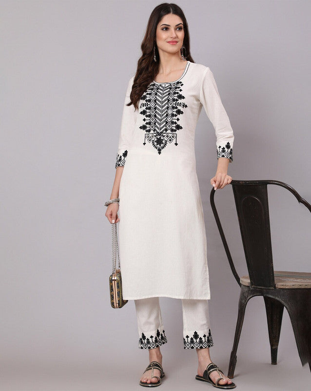 Women's White Cotton Blend Embroidered Kurta Set - Malishka Export