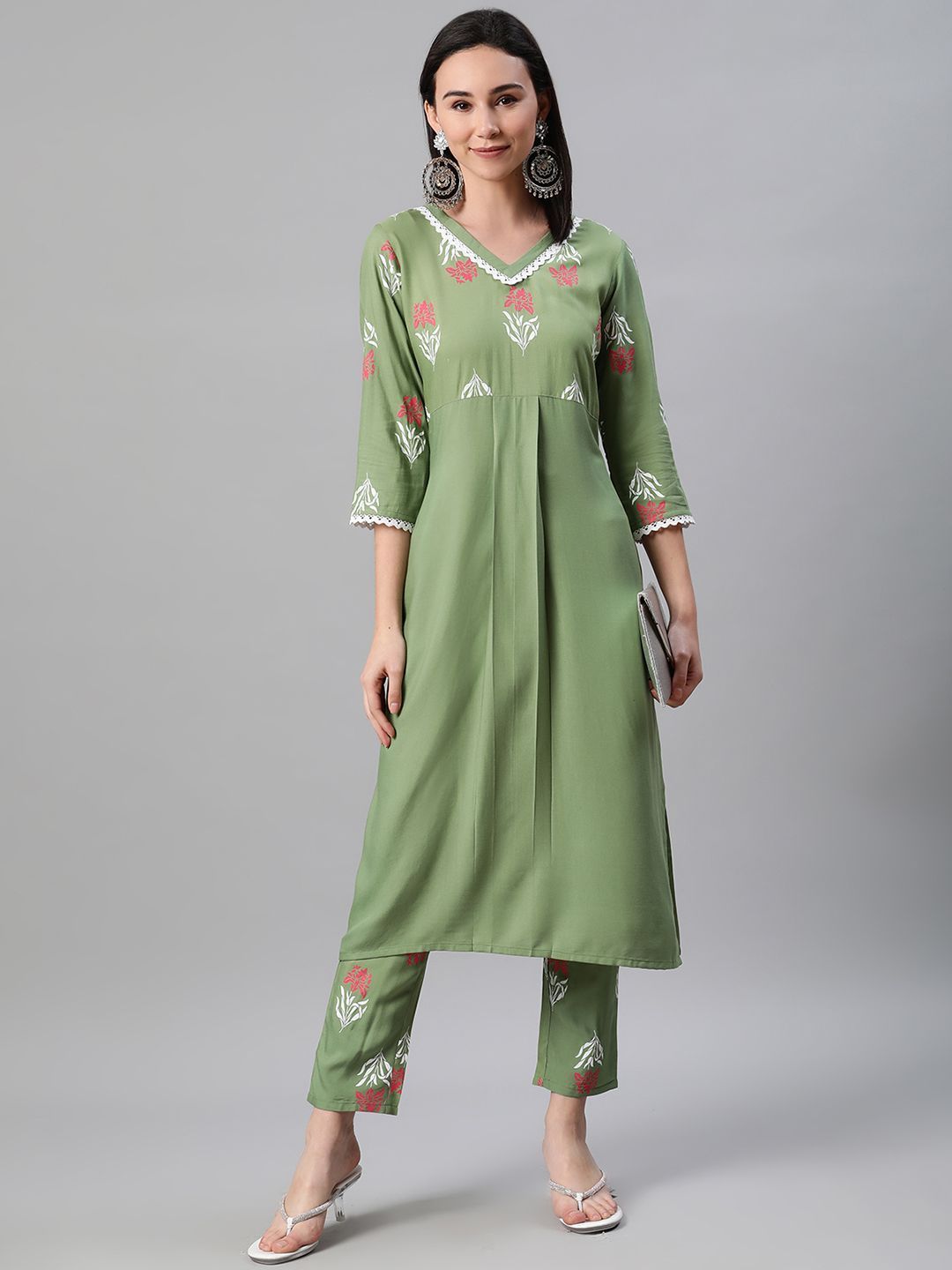 Women's Green Color Khari Print Straight Kurta And Pant Set - Ziyaa