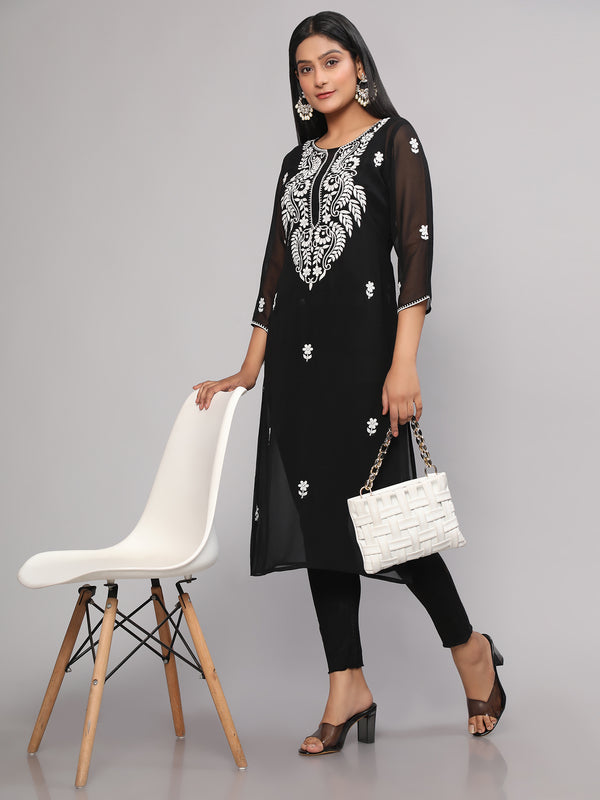 Black Floral Chikankari Embroidery Georgette Kurta