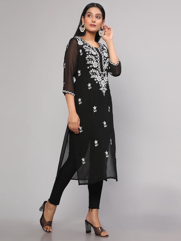 Black Floral Chikankari Embroidery Georgette Casual Kurta