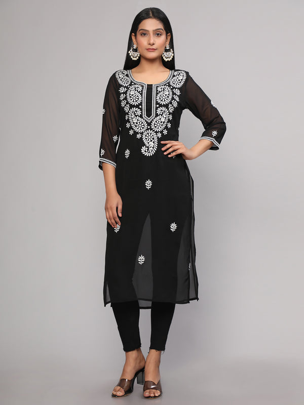 Black Embroidered Georgette Straight Chikankari Kurta