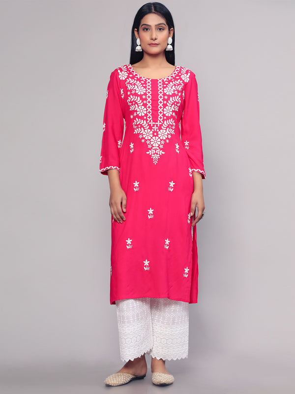 Pink Embroidered Georgette Straight Chikankari Kurta