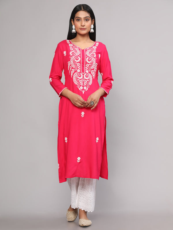 Pink Embroidered Georgette Straight Chikankari Kurta