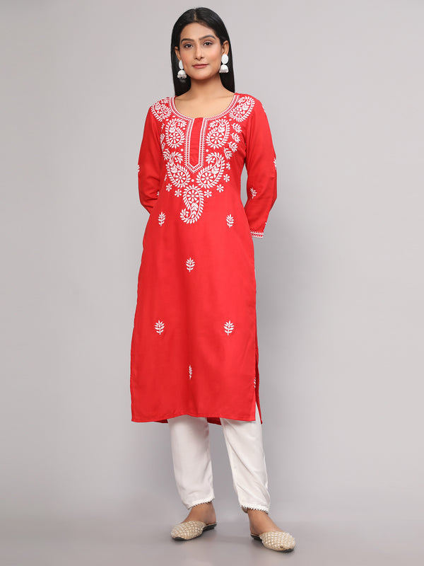 Red Embroidered Georgette Straight Chikankari Kurta