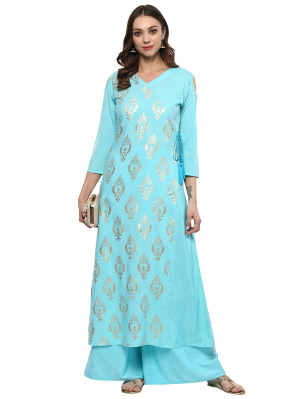 Women's Blue Crepe Kurta And Palazzo Set - Ziyaa